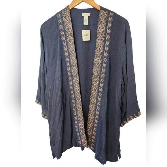 NWT J.JILL EMBROIDERED CRINKLED KIMONO IN BLUE SMOKE MULTI OS - Picture 2 of 7